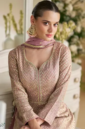 Mauve georgette anarkali gown palazzo suit with seroski zarkan, thread embroidery, beads & sequins, free size up to 42"