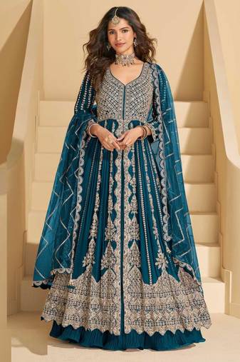 Blue chinnon silk front cut anarkali lehenga suit with zari, sequins & mirror work, free size stitched (fits up to 42")