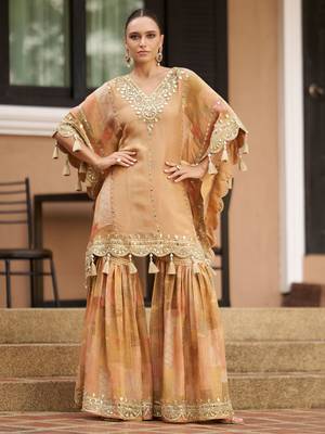 Light brown chinnon silk kaftan gharara suit with embroidery sequins mirror gota & tassel work -Full Stitched Free size 1