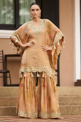Light brown chinnon silk kaftan gharara suit with embroidery, sequins, mirror, gota & tassel work, free size up to 42"