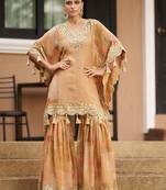 Light brown chinnon silk kaftan gharara suit with embroidery sequins mirror gota & tassel work -Full Stitched Free size