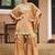 Light brown chinnon silk kaftan gharara suit with embroidery, sequins, mirror, gota & tassel work, free size up to 42"