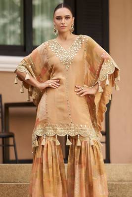 Light brown chinnon silk kaftan gharara suit with embroidery sequins mirror gota & tassel work -Full Stitched Free size 2