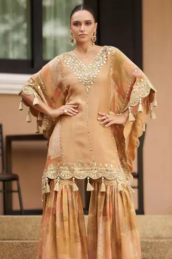 Light brown chinnon silk kaftan gharara suit with embroidery sequins mirror gota & tassel work -Full Stitched Free size