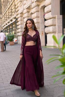 Wine chinnon silk kaftan gharara suit with embroidery sequins mirror gota & tassel work free size stitched up to 42" 1