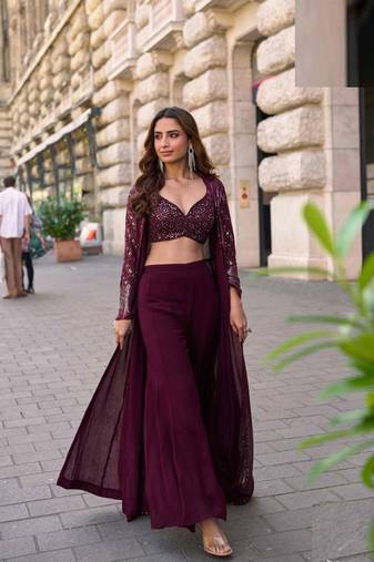 Wine chinnon silk kaftan gharara suit with embroidery, sequins, mirror, gota & tassel work, free size stitched up to 42"