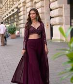 Wine chinnon silk kaftan gharara suit with embroidery sequins mirror gota & tassel work free size stitched up to 42"