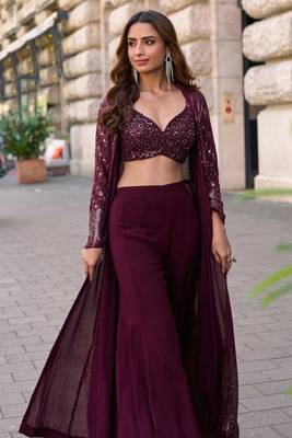 Wine chinnon silk kaftan gharara suit with embroidery sequins mirror gota & tassel work free size stitched up to 42" 2