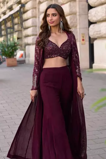 Wine chinnon silk kaftan gharara suit with embroidery sequins mirror gota & tassel work free size stitched up to 42"