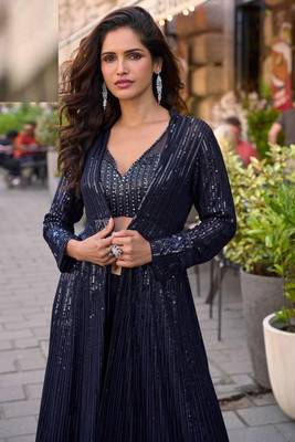 Blue chinnon silk kaftan gharara suit with embroidery sequins mirror gota & tassel work free size stitched up to 42" 1