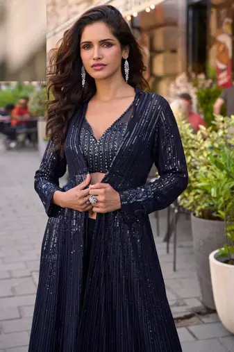 Blue chinnon silk kaftan gharara suit with embroidery, sequins, mirror, gota & tassel work, free size stitched up to 42"