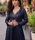 Blue chinnon silk kaftan gharara suit with embroidery sequins mirror gota & tassel work free size stitched up to 42"