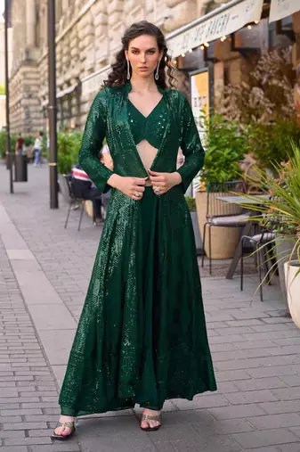 Green chinnon silk kaftan gharara suit with embroidery, sequins, mirror, gota & tassel work, free size fits up to 42"