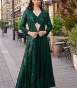 Green chinnon silk kaftan gharara suit with embroidery sequins mirror gota & tassel work free size fits up to 42"
