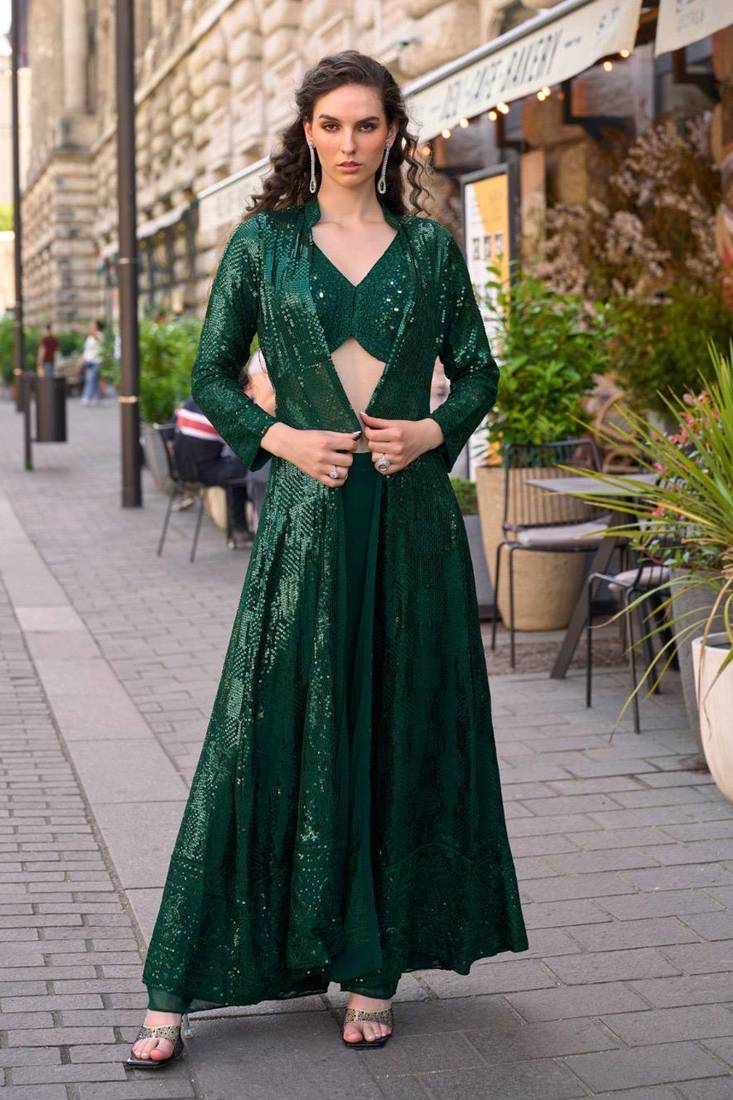 Green chinnon silk kaftan gharara suit with embroidery, sequins, mirror, gota & tassel work, free size fits up to 42"