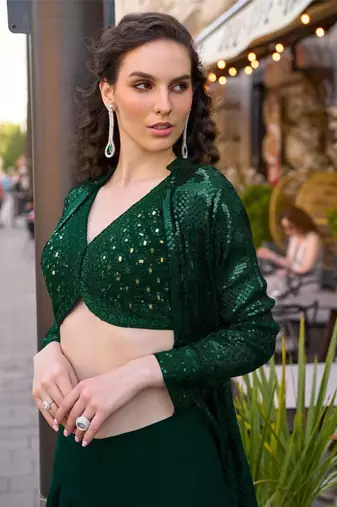 Green chinnon silk kaftan gharara suit with embroidery sequins mirror gota & tassel work free size fits up to 42"