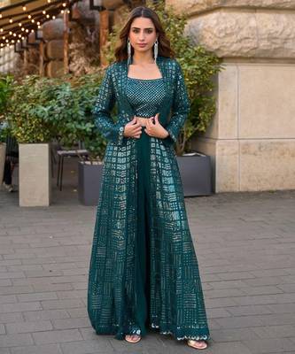 Bottle green chinnon kaftan gharara suit with embroidery sequins mirror gota & tassel work -Full Stitched Free size 1