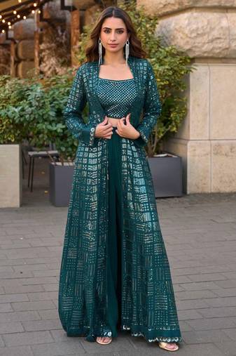 Bottle green chinnon  kaftan gharara suit with embroidery, sequins, mirror, gota & tassel work, free size up to 42"