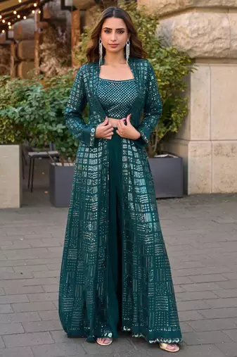 Bottle green chinnon  kaftan gharara suit with embroidery, sequins, mirror, gota & tassel work, free size up to 42"