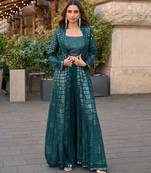 Bottle green chinnon kaftan gharara suit with embroidery sequins mirror gota & tassel work -Full Stitched Free size