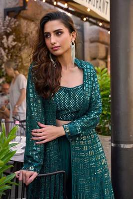Bottle green chinnon kaftan gharara suit with embroidery sequins mirror gota & tassel work -Full Stitched Free size 2