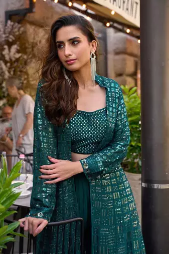 Bottle green chinnon kaftan gharara suit with embroidery sequins mirror gota & tassel work -Full Stitched Free size