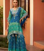 Turquoise & blue chinnon kaftan suit with embroidery sequins mirror gota & tassel work -Full Stitched Free size