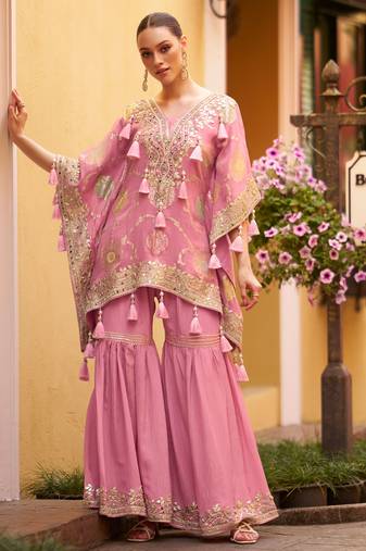 Pink chinnon  kaftan suit with embroidery, sequins, mirror, gota & tassel work, free size stitched up to 42"