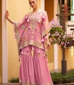 Pink chinnon kaftan suit with embroidery sequins mirror gota & tassel work free size stitched up to 42"