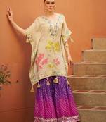 Cream chinnon kaftan suit with embroidery sequins mirror gota & tassel work free size stitched up to 42"