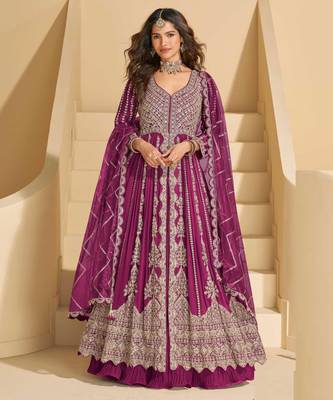Burgundy chinnon  front cut anarkali lehenga suit  zari embroidery, sequins & mirror work, free size stitched up to 42" 1