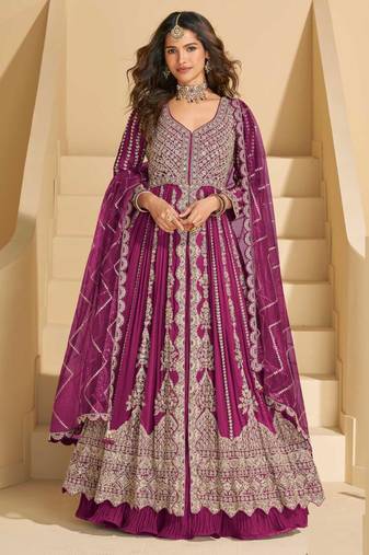 Burgundy chinnon  front cut anarkali lehenga suit  zari embroidery, sequins & mirror work, free size stitched up to 42"