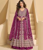 Burgundy chinnon  front cut anarkali lehenga suit  zari embroidery, sequins & mirror work, free size stitched up to 42"