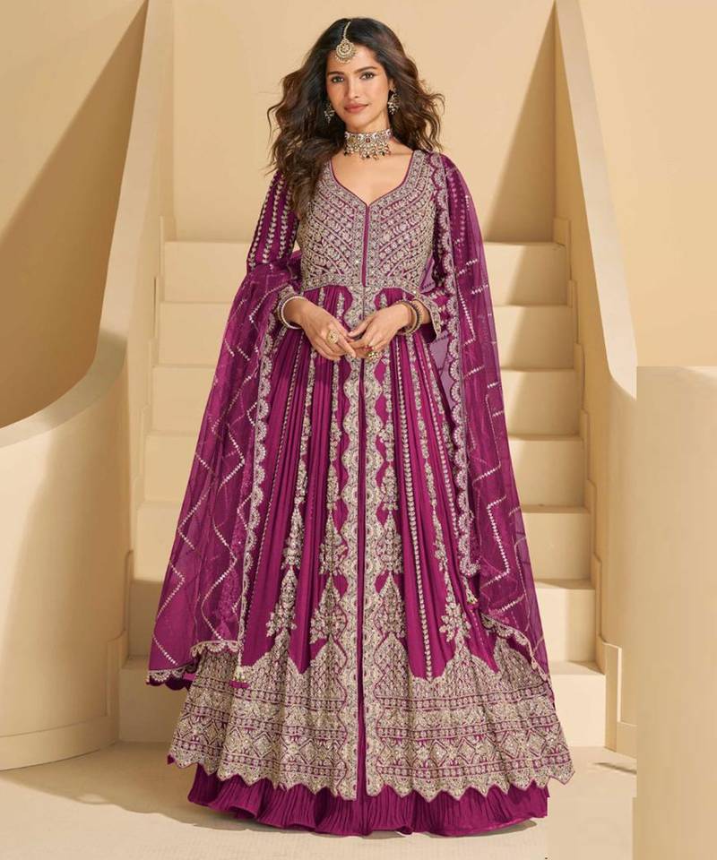 Burgundy chinnon  front cut anarkali lehenga suit  zari embroidery, sequins & mirror work, free size stitched up to 42"