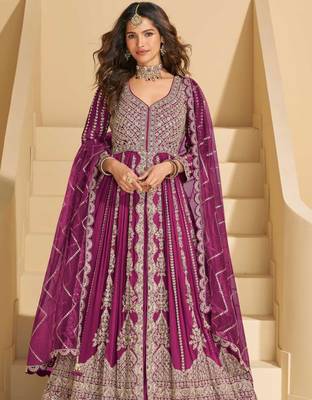 Burgundy chinnon  front cut anarkali lehenga suit  zari embroidery, sequins & mirror work, free size stitched up to 42" 2