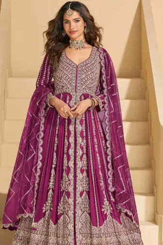 Burgundy chinnon  front cut anarkali lehenga suit  zari embroidery, sequins & mirror work, free size stitched up to 42"