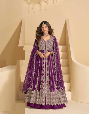 Wine chinnon front cut anarkali lehenga suit with zari embroidery, sequins & mirror work, free size stitched up to 42" 1
