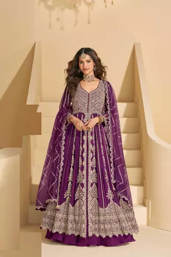 Wine chinnon front cut anarkali lehenga suit with zari embroidery, sequins & mirror work, free size stitched up to 42"
