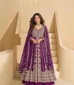 Wine chinnon front cut anarkali lehenga suit with zari embroidery, sequins & mirror work, free size stitched up to 42"
