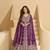 Wine chinnon front cut anarkali lehenga suit with zari embroidery, sequins & mirror work, free size stitched up to 42"