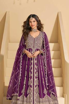 Wine chinnon front cut anarkali lehenga suit with zari embroidery, sequins & mirror work, free size stitched up to 42" 2