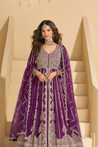 Wine chinnon front cut anarkali lehenga suit with zari embroidery, sequins & mirror work, free size stitched up to 42"