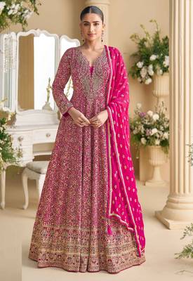 Pink georgette anarkali gown zarkan, thread embroidery, beads & sequins, free size stitched up to 42" 1