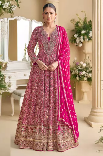 Pink georgette anarkali gown palazzo suit   zarkan, thread embroidery, beads & sequins, free size stitched up to 42"