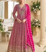 Pink georgette anarkali gown palazzo suit   zarkan, thread embroidery, beads & sequins, free size stitched up to 42"