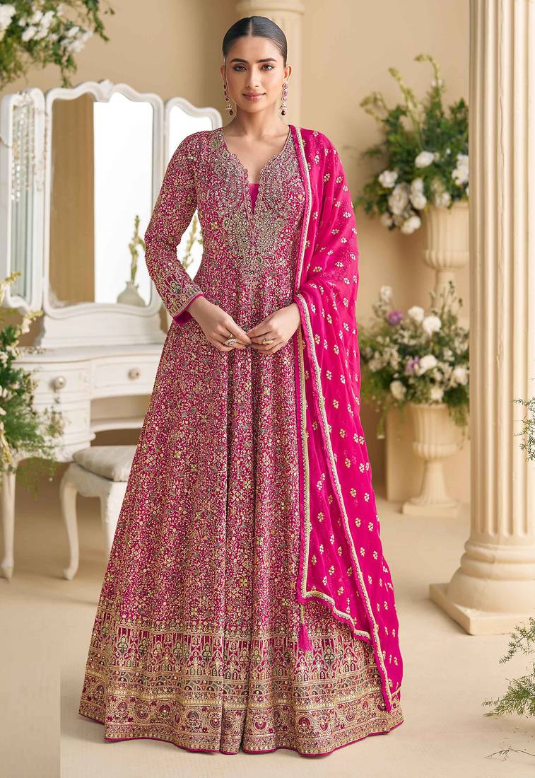 Pink georgette anarkali gown palazzo suit   zarkan, thread embroidery, beads & sequins, free size stitched up to 42"