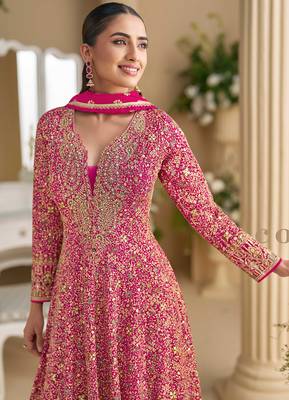 Pink georgette anarkali gown zarkan, thread embroidery, beads & sequins, free size stitched up to 42" 2