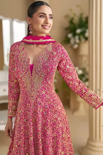 Pink georgette anarkali gown zarkan, thread embroidery, beads & sequins, free size stitched up to 42"