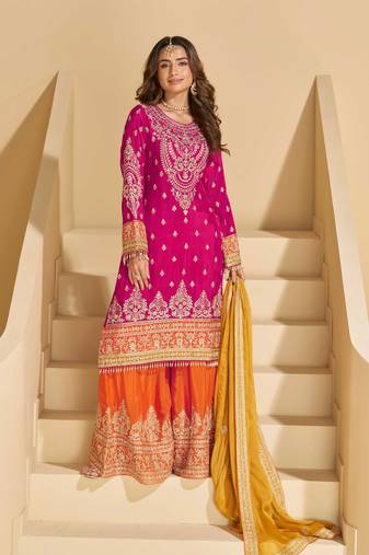 Rani pink chinnon straight palazzo suit with zari embroidery, beads, mirror & embellished work, free size up to 42"