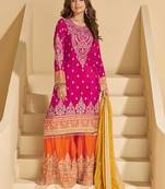 Rani pink chinnon straight palazzo suit with zari embroidery, beads, mirror & embellished work, free size up to 42"